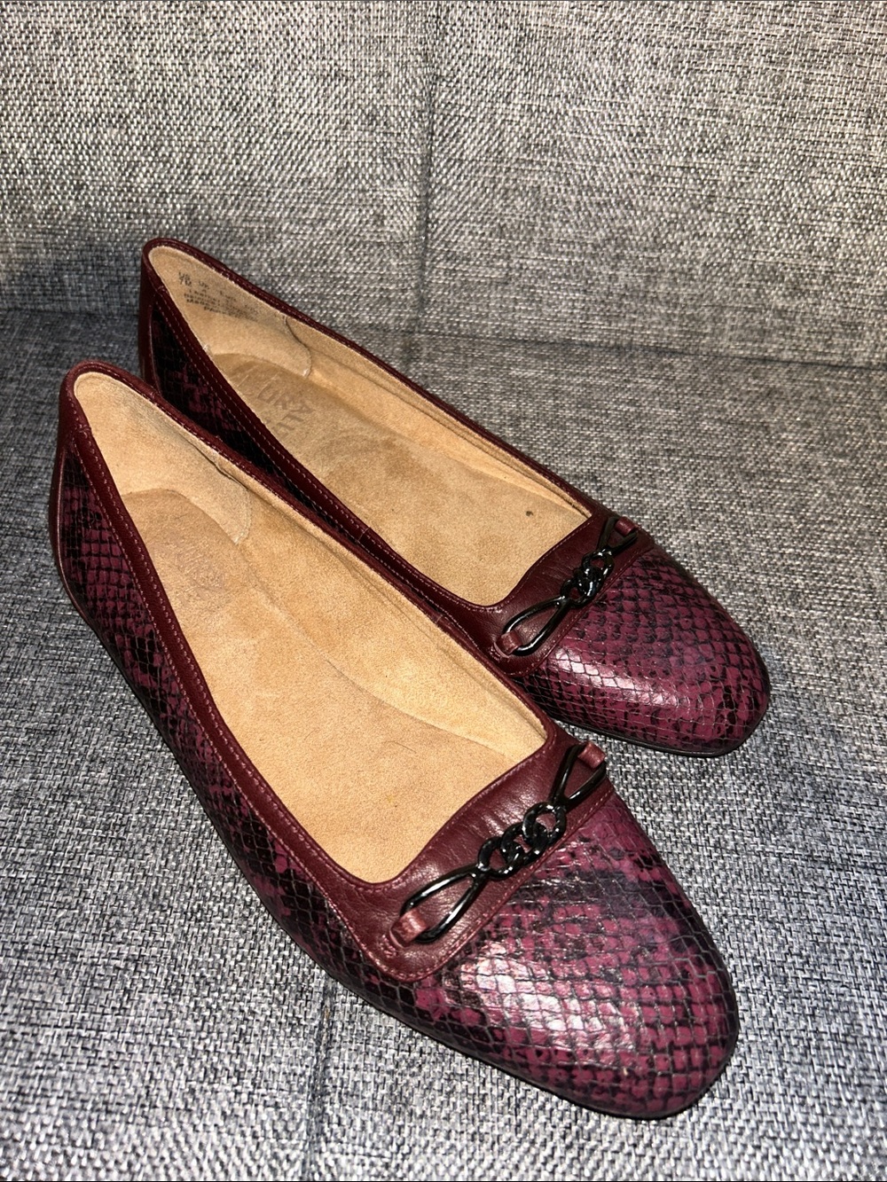 NEW - Naturalizer Burgundy Snake-Print Flats with Clasp Detail